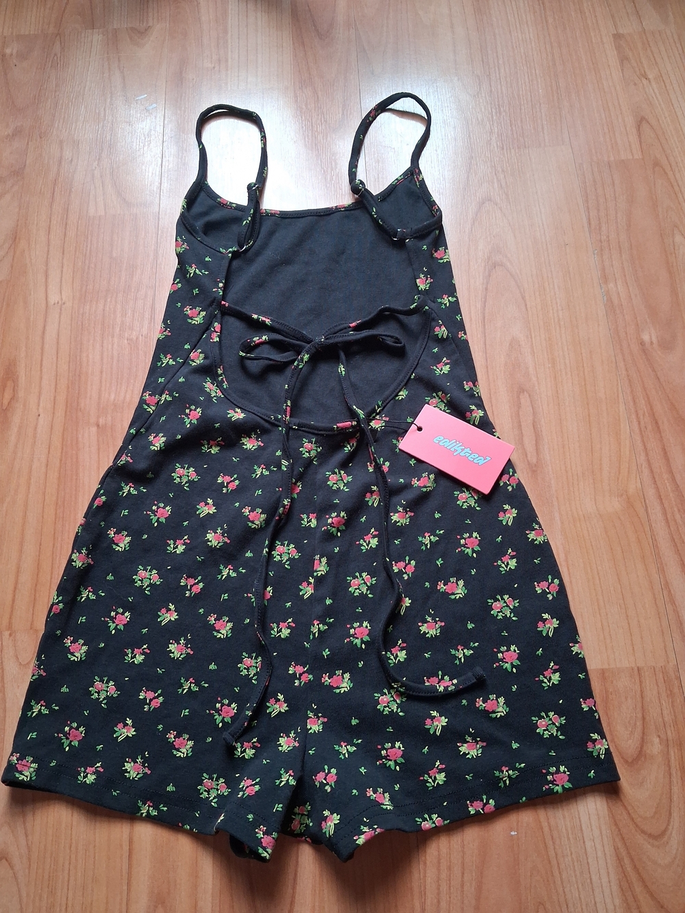Edikted Romper Women's Size Small Black Pink Black Floral Bouquet Tie Back NWT